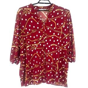 Susan Graver Liquid Knit Button Shirt Sz 2X Red Equestrian Scarf Print Dot Chain